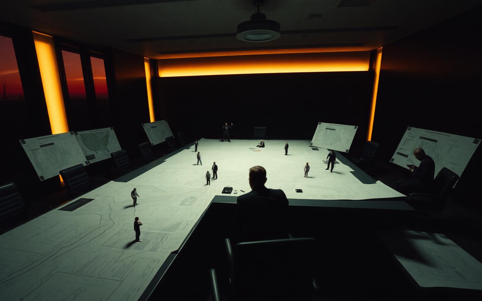 Strategy planning room at dusk with topographical maps and analysts