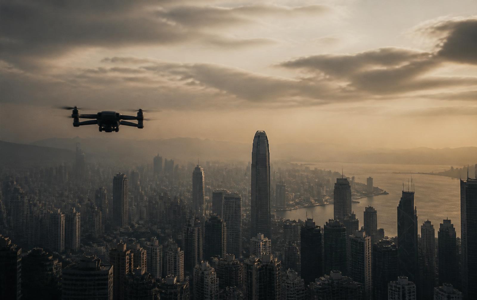 Quadcopter drone in flight over a dense urban skyline at dusk