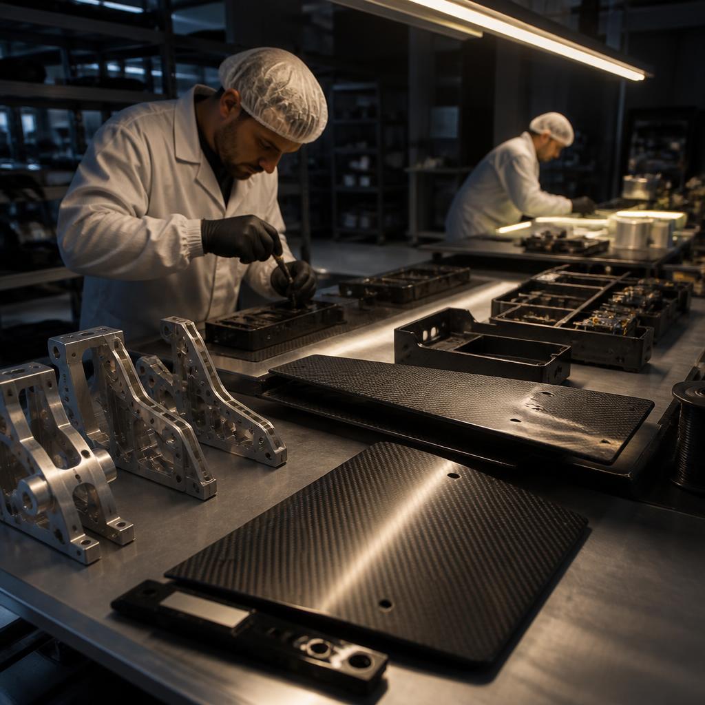 Rows of carbon-fiber composite drone airframes on assembly jigs in a manufacturing facility