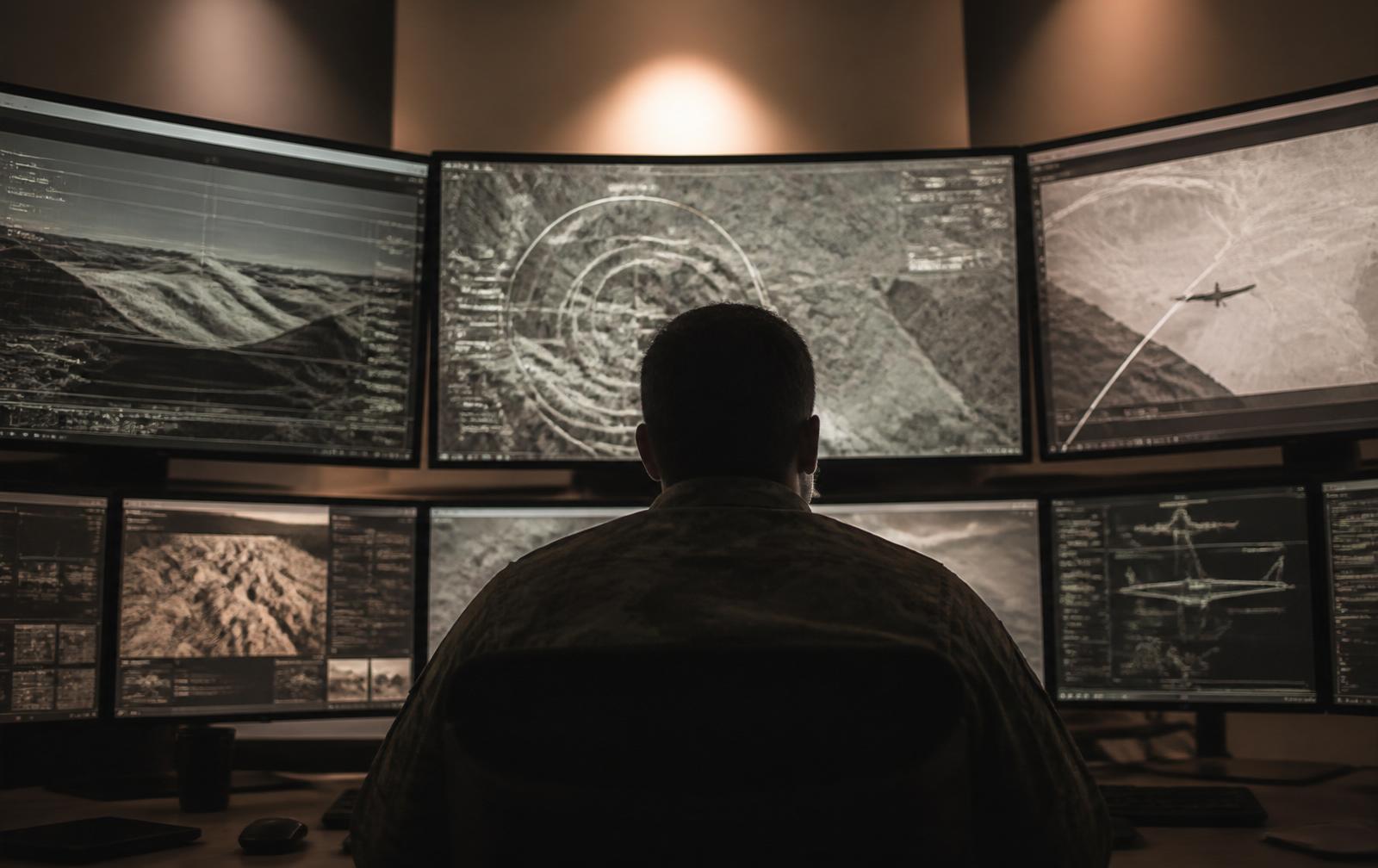 Operator at a multi-monitor mission simulation station in a dim training room