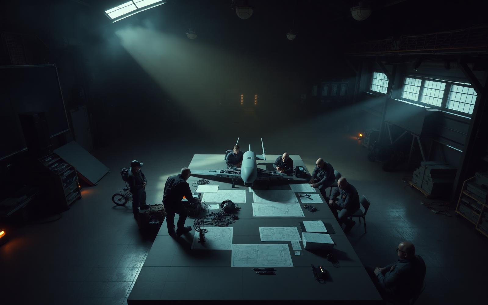 Engineers and operators reviewing an unmanned system and blueprints on a large planning table in a dimly lit hangar
